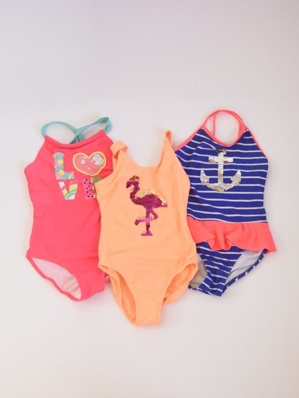 Lot of 3 Cat & Jack Girls Swimsuits Size 7/8 Sequin Flamingo Anchor Love